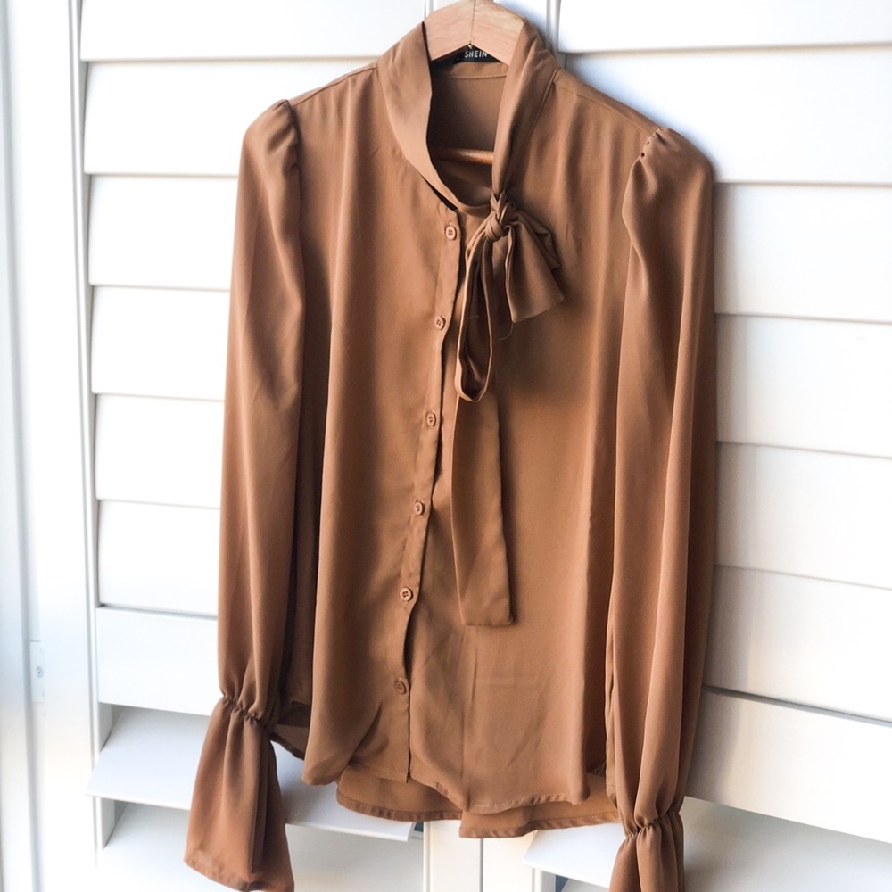 Trumpet Sleeve Tie Neck Blouse
